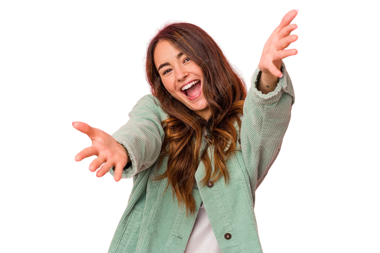 Mujer alegre extendiendo las manos
